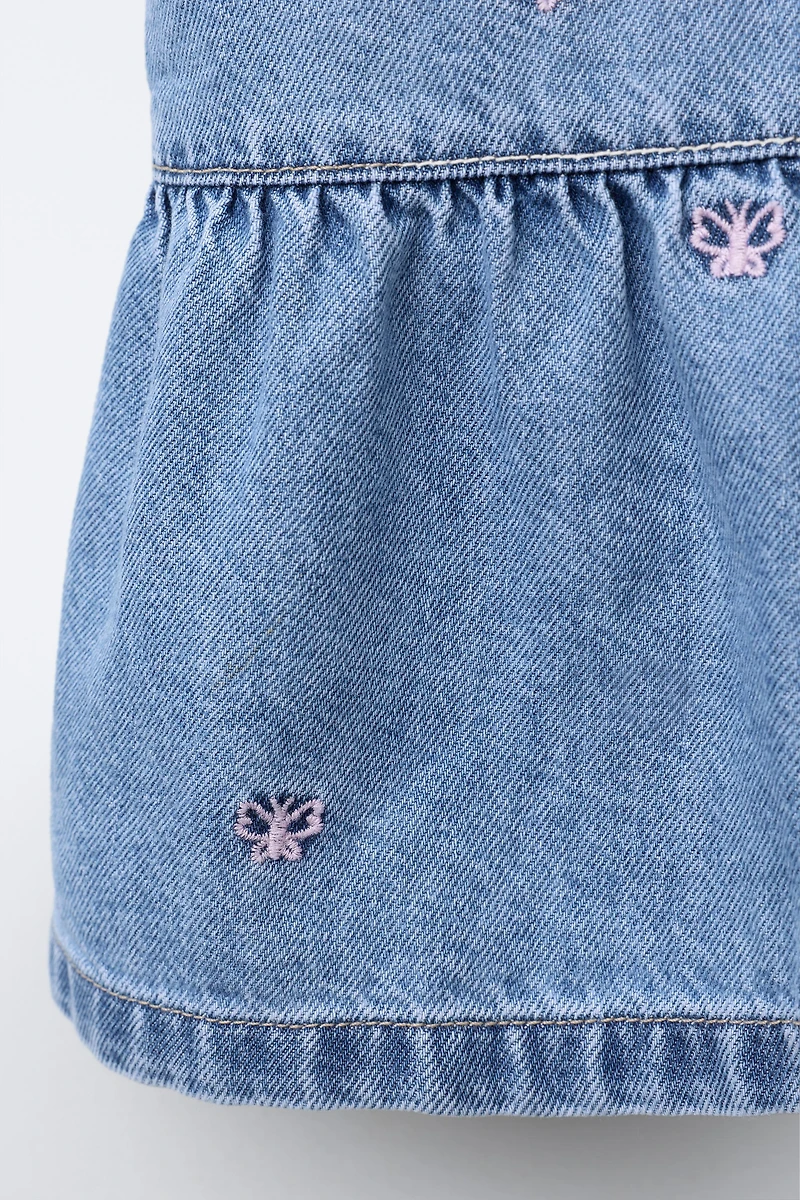 EMBROIDERED BUTTERFLY DENIM DRESS