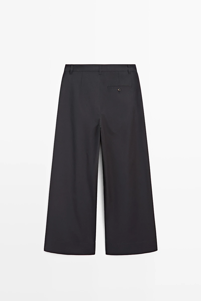 Cotton blend wide-leg pleated trousers