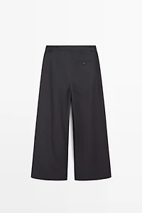 Cotton blend wide-leg pleated trousers