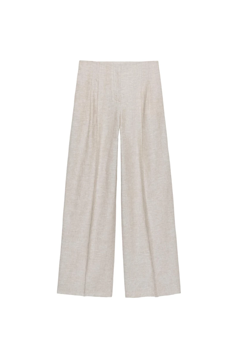 LINEN STRAIGHT FIT PLEATED PANTS
