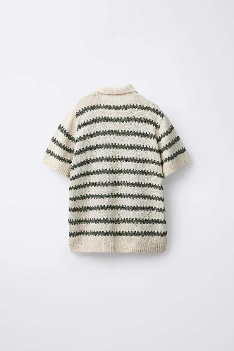 STRIPED CROCHET KNIT POLO SHIRT