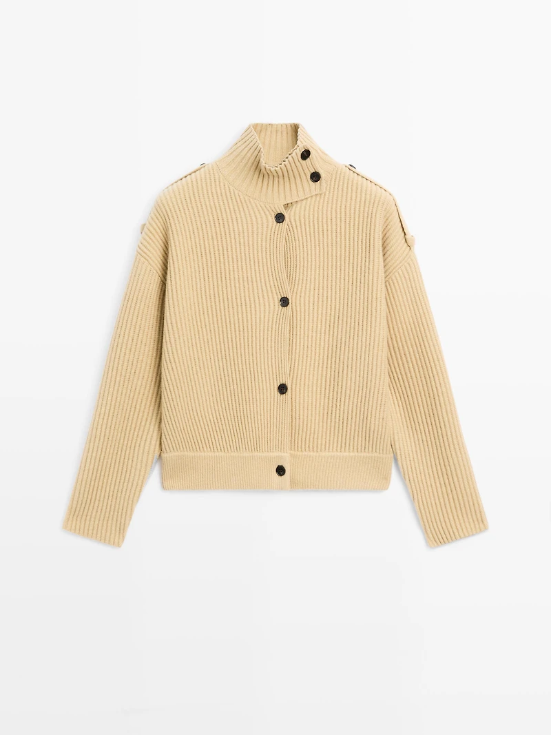 Cardigan en maille 100 % laine à col roulé
