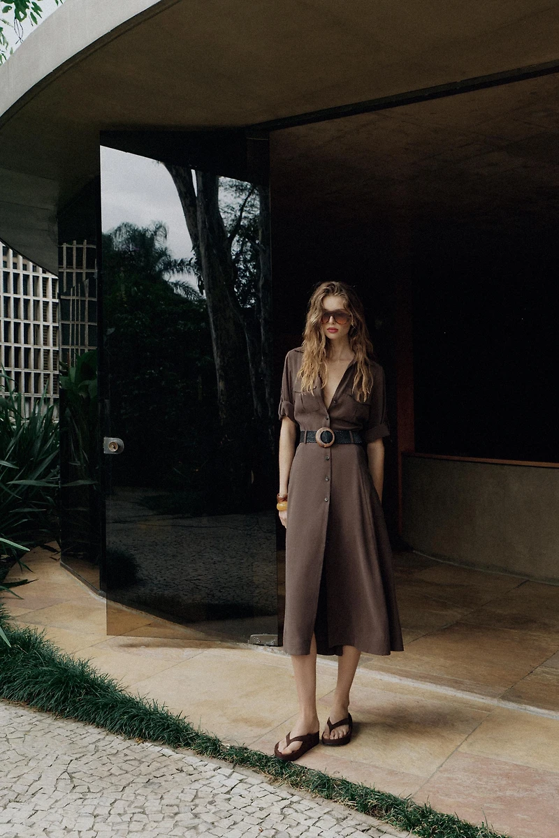 BELTED FLOWY SHIRT DRESS
