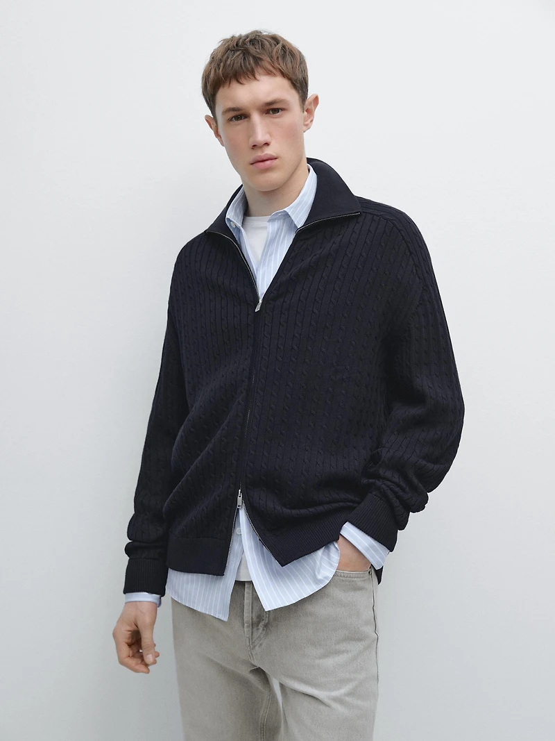 Cardigan en maille torsadée zippé coton