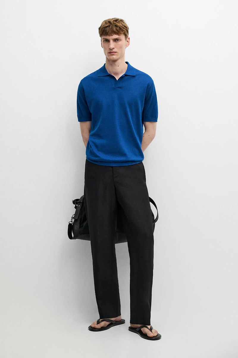 Cotton and linen knit polo sweater