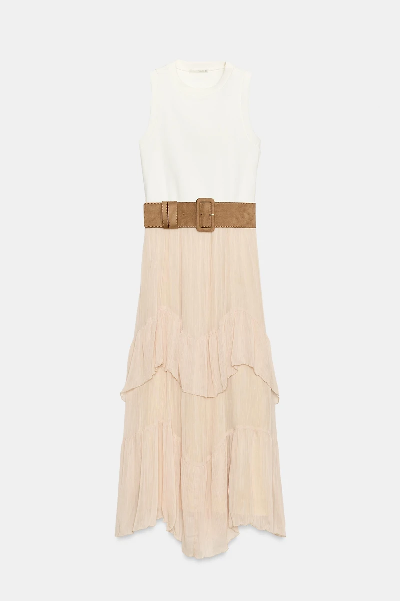 COMBINED MIDI BELTED DRESS