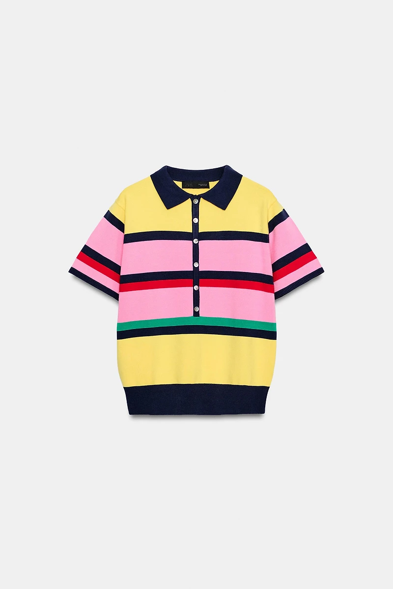STRIPED KNIT POLO TOP