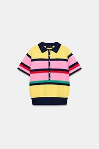STRIPED KNIT POLO TOP