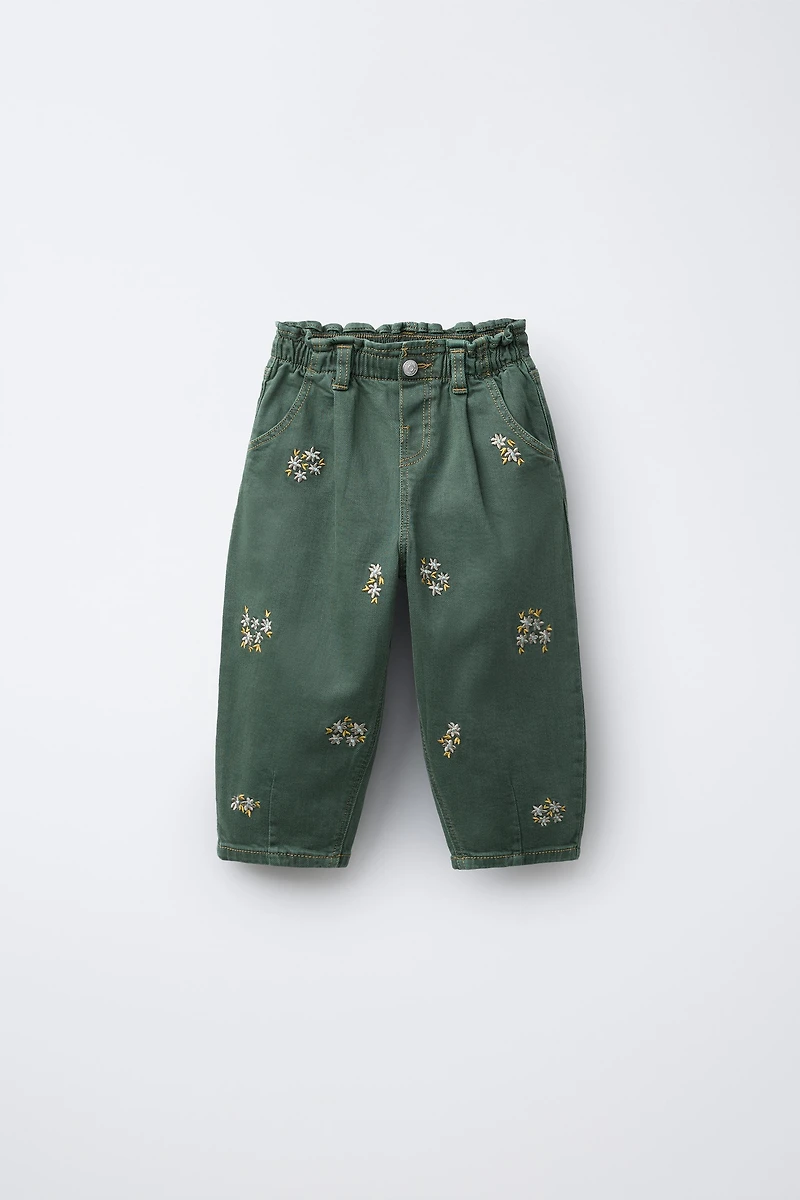 EMBROIDERED FLORAL TWILL BAGGY PANTS