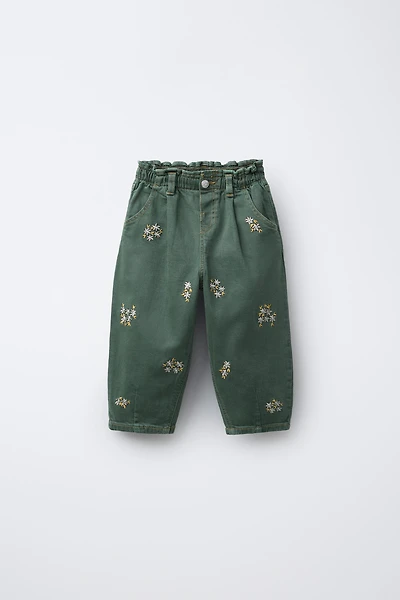 EMBROIDERED FLORAL TWILL BAGGY PANTS