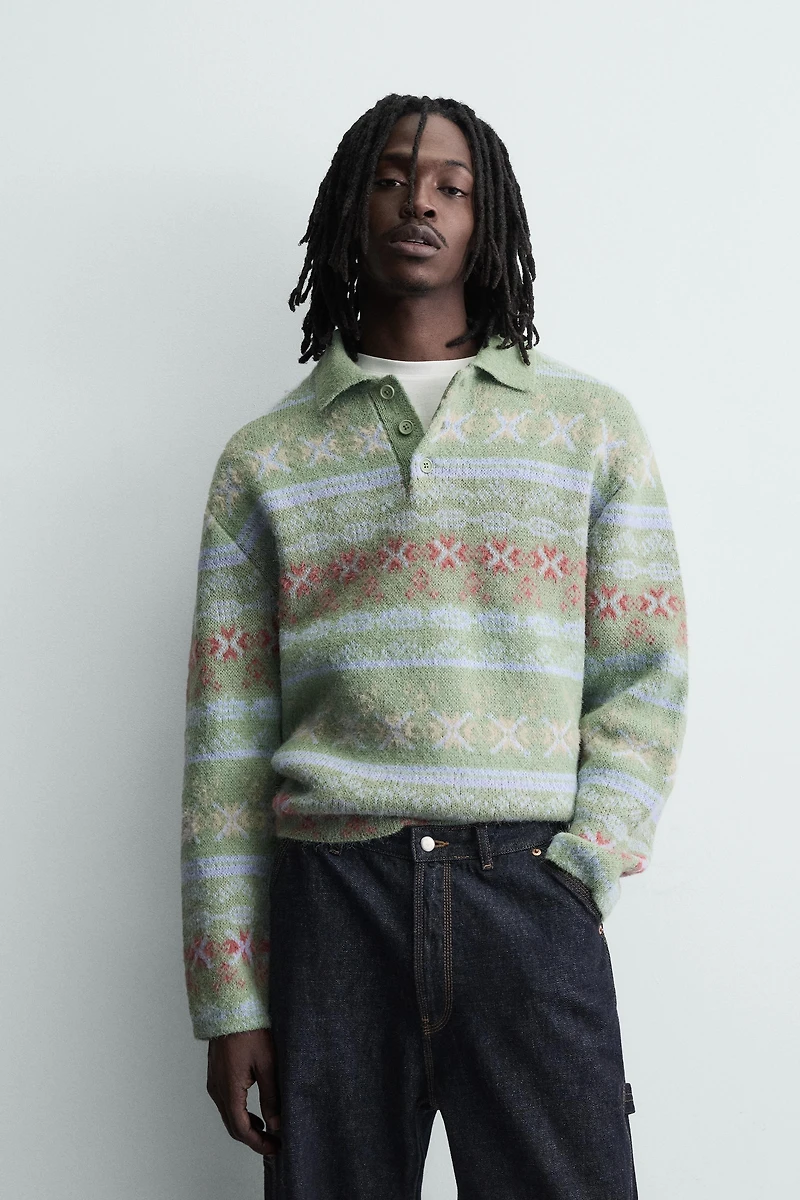 POLO EN MAILLE JACQUARD GÉOMÉTRIQUE TEXTURÉE