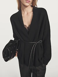 Long knit cardigan with belt