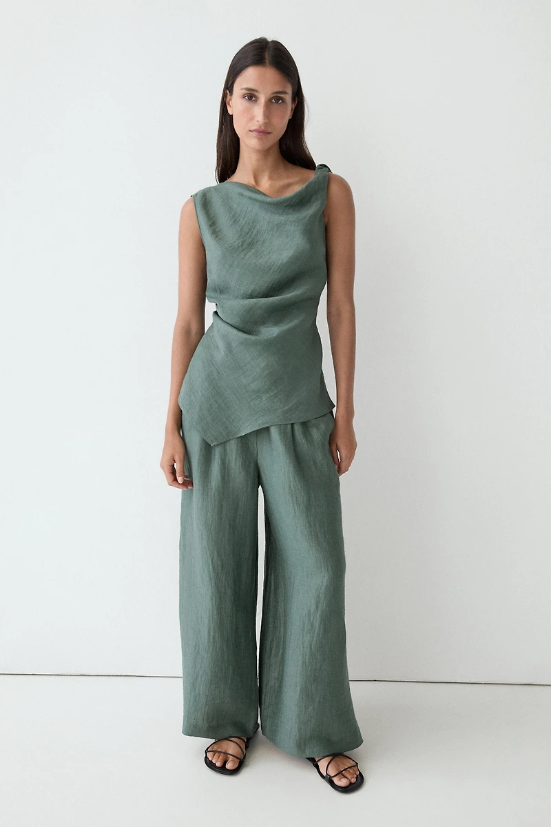 Pantalon fluide wide leg en lin mélangé