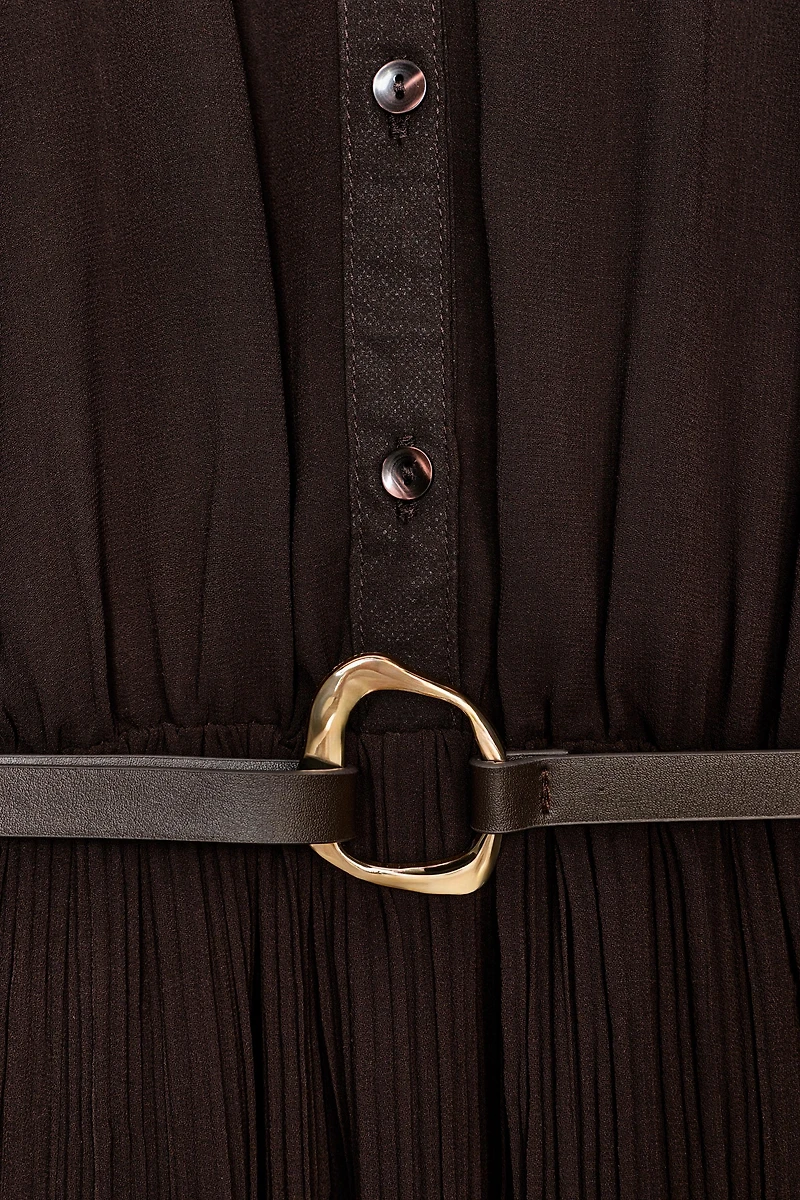 PLEATED BELTED MIDI DRESS