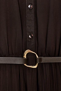 PLEATED BELTED MIDI DRESS