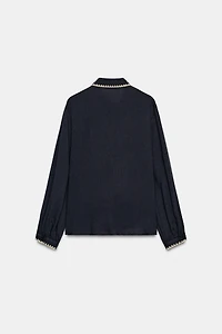 CONTRAST TOPSTITCHING TIE BLOUSE