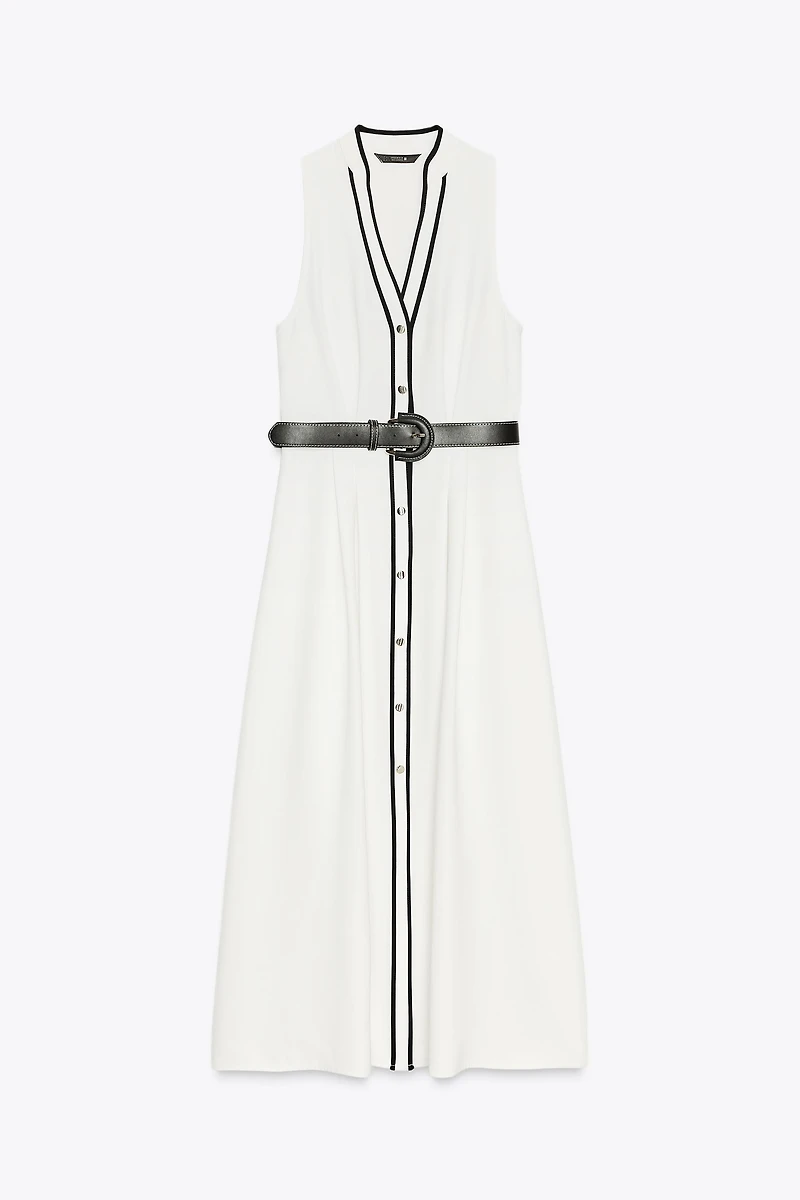 BELTED CONTRAST TRIM MIDI DRESS