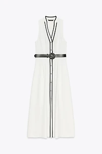 BELTED CONTRAST TRIM MIDI DRESS