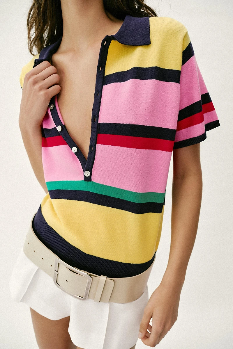 STRIPED KNIT POLO TOP