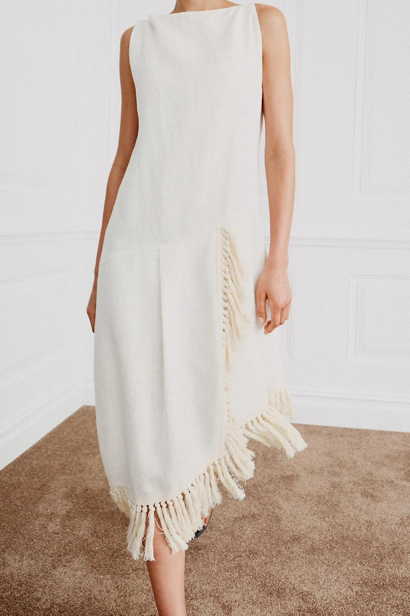 ZW COLLECTION 100% LINEN FRINGED DRESS