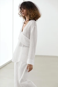 Linen blend blouse with sash belt