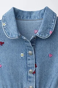 EMBROIDERED SHORT DENIM JUMPSUIT