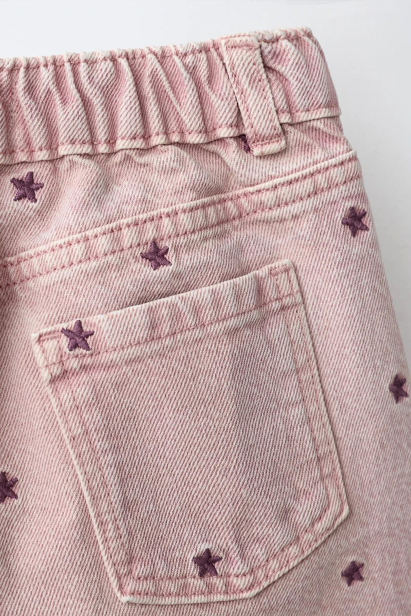 STAR EMBROIDERED WIDE LEG TWILL PANTS