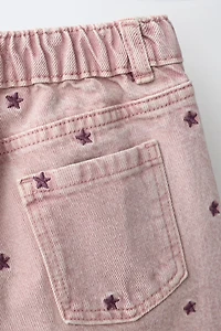 STAR EMBROIDERED WIDE LEG TWILL PANTS
