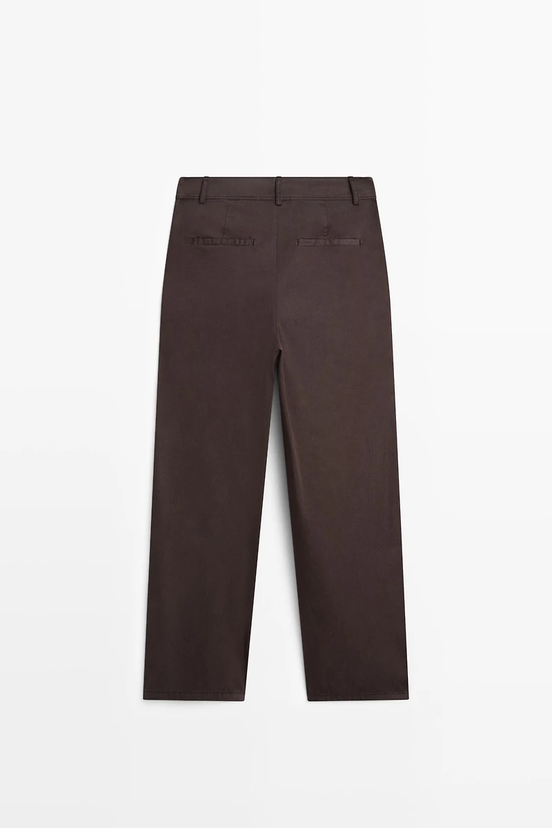 Cotton blend poplin pleated pants