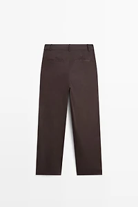 Cotton blend poplin pleated pants