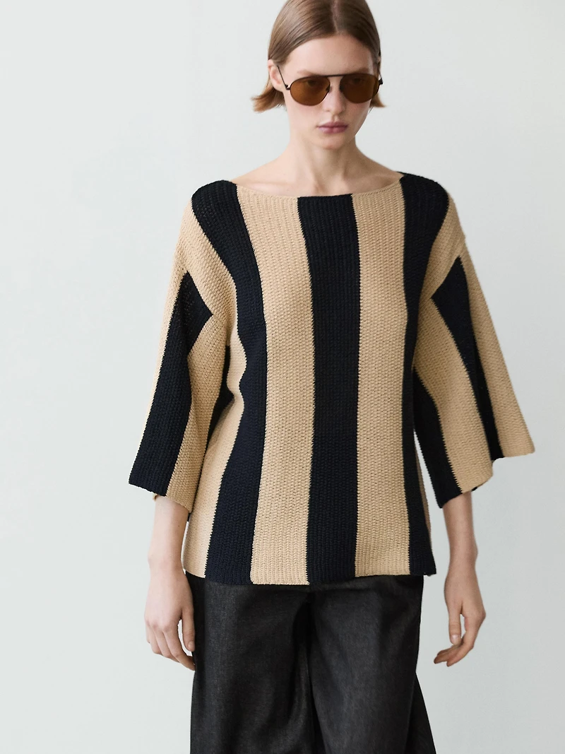 Striped cotton blend knit sweater
