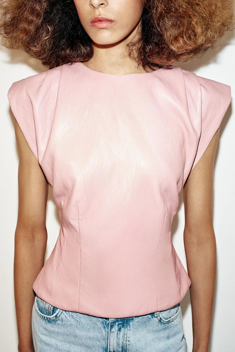 FAUX LEATHER SHOULDER PLEAT TOP
