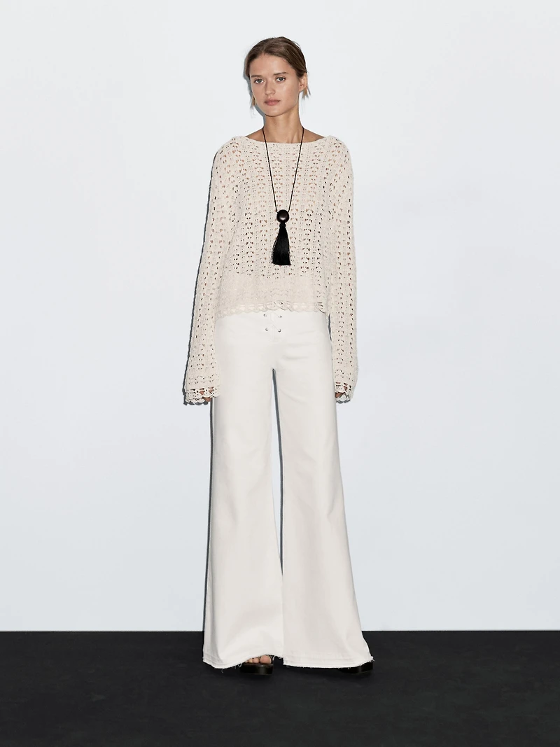 Cotton blend openwork crochet sweater