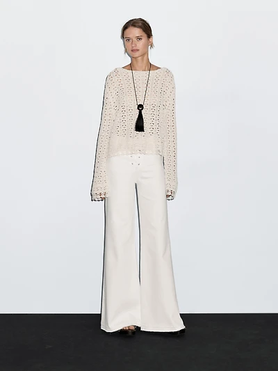 Cotton blend openwork crochet sweater