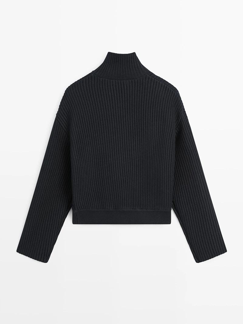 Cotton high neck knit cardigan