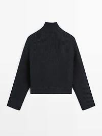 Cotton high neck knit cardigan