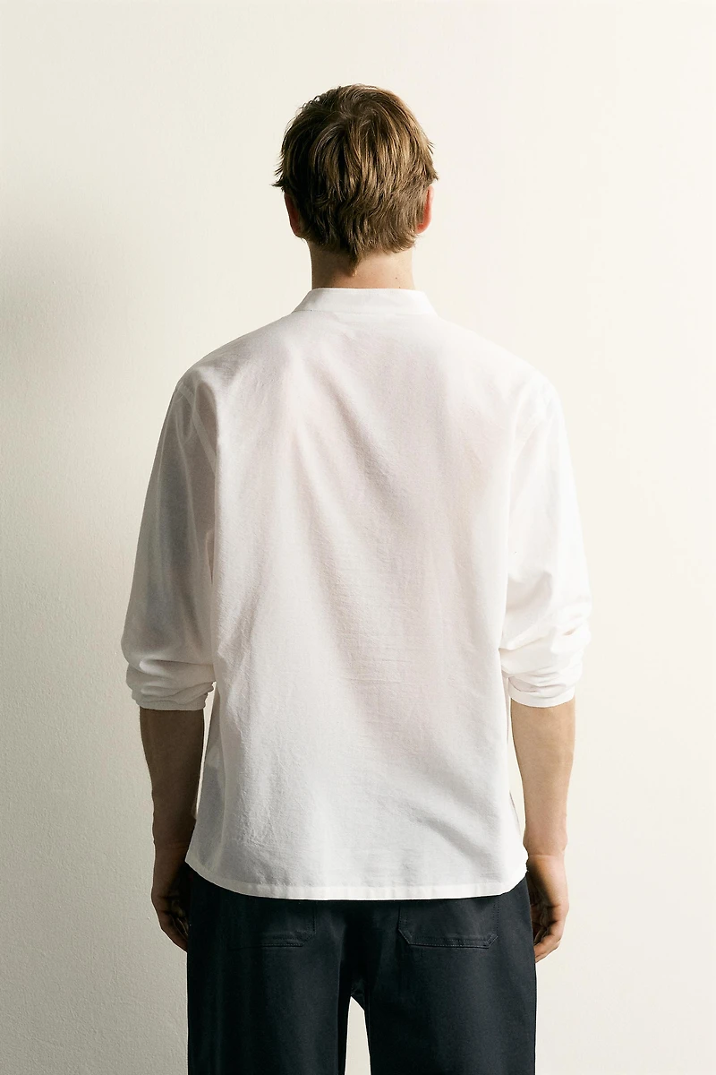 COTTON VISCOSE TIE DETAIL RELAXED FIT SHIRT