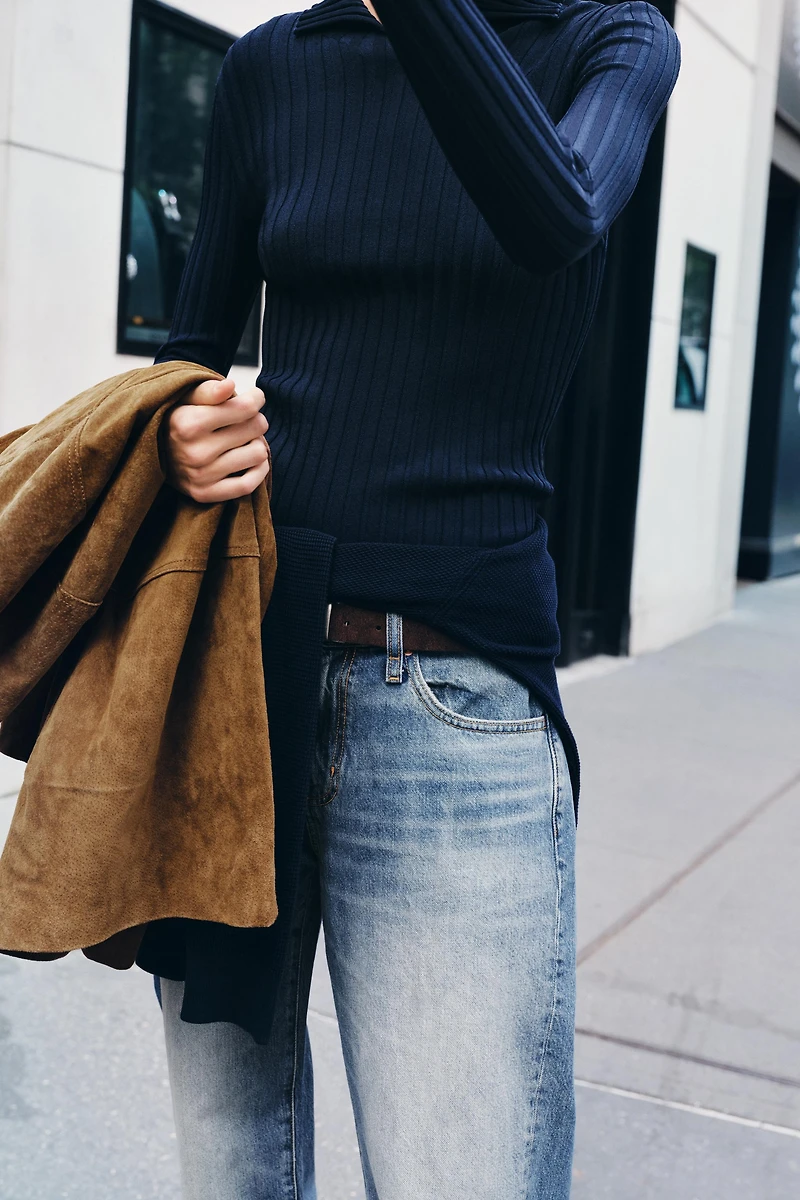 RIBBED KNIT POLO TOP