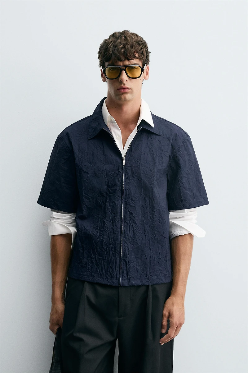 WRINKLED EFFECT ZIP-UP SHIRT