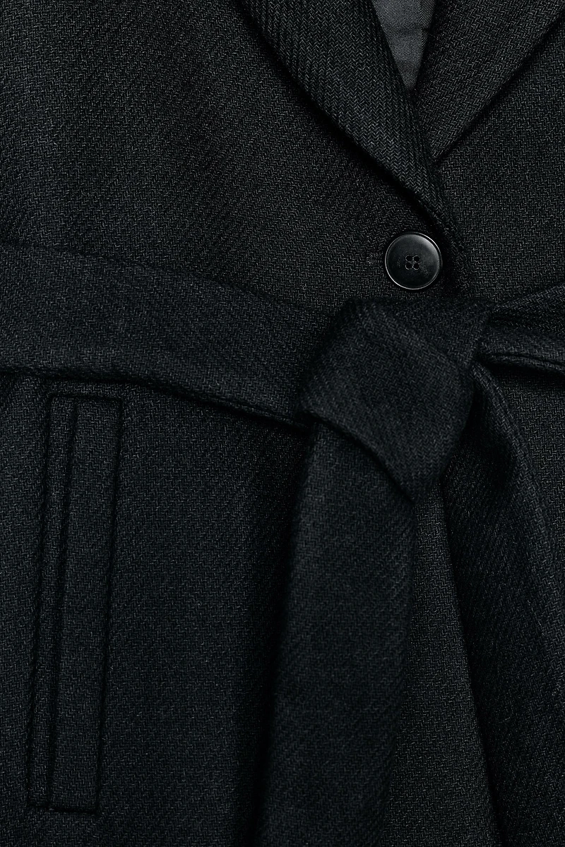 WOOL COAT WITH FAUX FUR LAPEL AND BELT