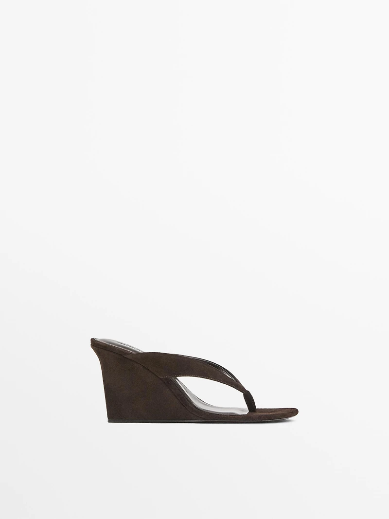 Split leather high-heel wedge sandals