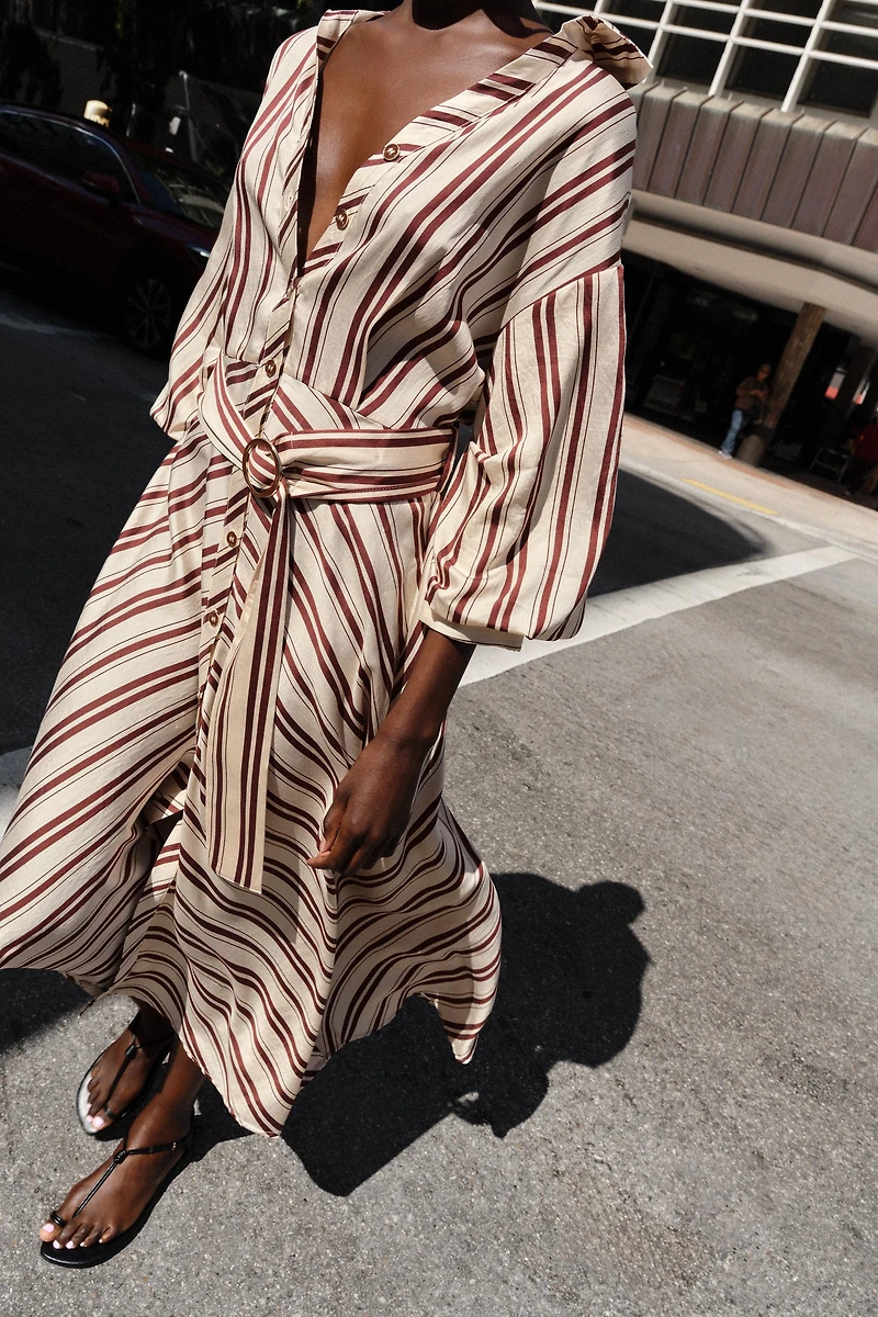 STRIPED BELTED MIDI DRESS