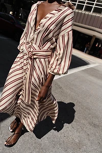 STRIPED BELTED MIDI DRESS