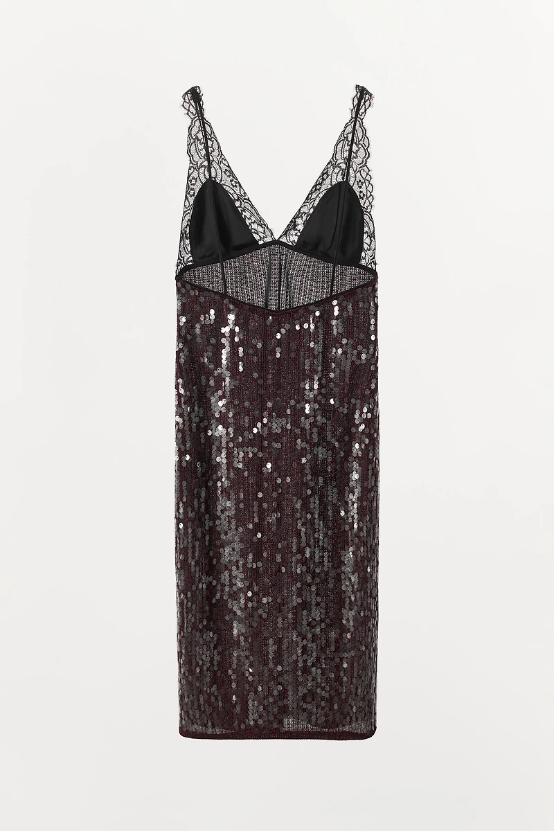 COMBINATION SEQUIN LACE MIDI DRESS