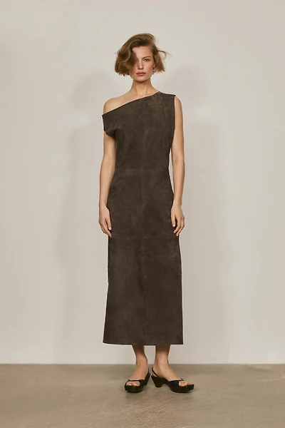 Suede leather midi dress with asymmetric neckline - LIMITED EDITION