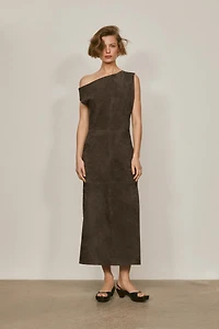 Suede leather midi dress with asymmetric neckline - LIMITED EDITION