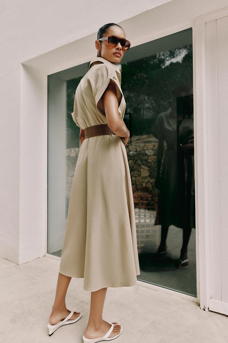 BELTED POPLIN MIDI DRESS