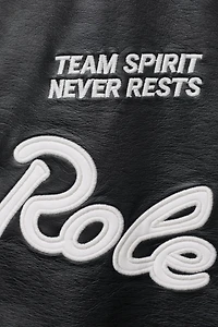 FAUX LEATHER BOMBER JACKET WITH EMBROIDERED TEXT