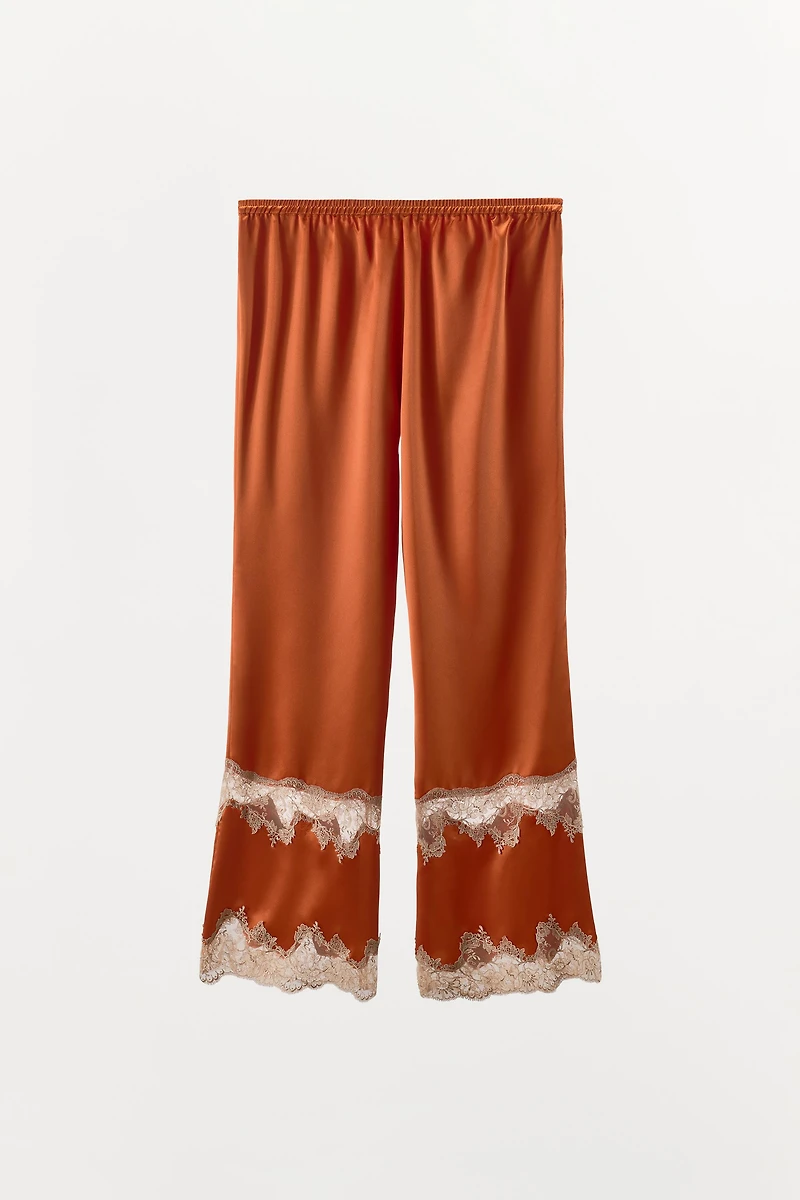 SATIN EFFECT EMBROIDERED PANTS