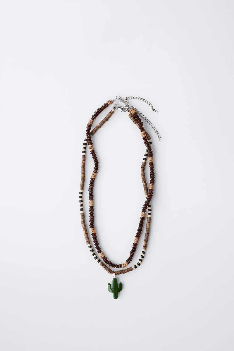 PACK OF TWO WOODEN BEADED CACTUS NECKLACES